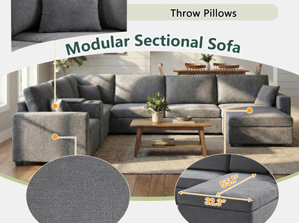 Modular 5 Seat U-Shape Sectional Sofa With Chaise Lounge, Built In Cup Holders And Storage Drawer