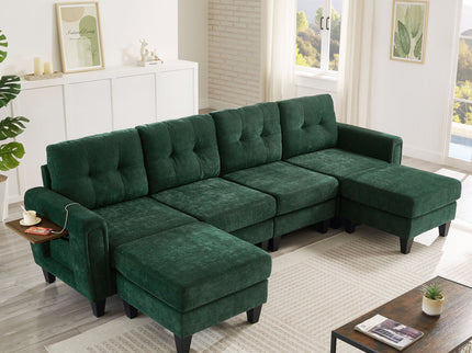 Modular Sectional Sofa With Movable Ottomans, USB Ports & Side Tables