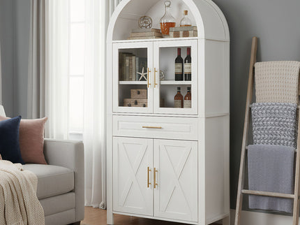 Arched Kitchen Pantry Cabinet With Adjustable Shelves & Barn Door Design