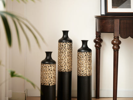 Floor Metal Vases Decorated Metal Vases (Set of 3) Gorgeous Home Decoration Large Glazed Metal Vases - Black / Gold