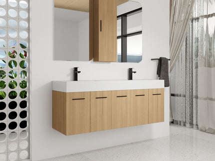 Floating Double Sink Bathroom Vanity Set With Tall Linen Cabinet, Extra Large Storage, Integrated Sink, Soft Close Doors - Glossy White / Light Oak