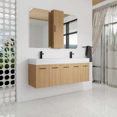 Floating Double Sink Bathroom Vanity Set With Tall Linen Cabinet, Extra Large Storage, Integrated Sink, Soft Close Doors - Glossy White / Light Oak