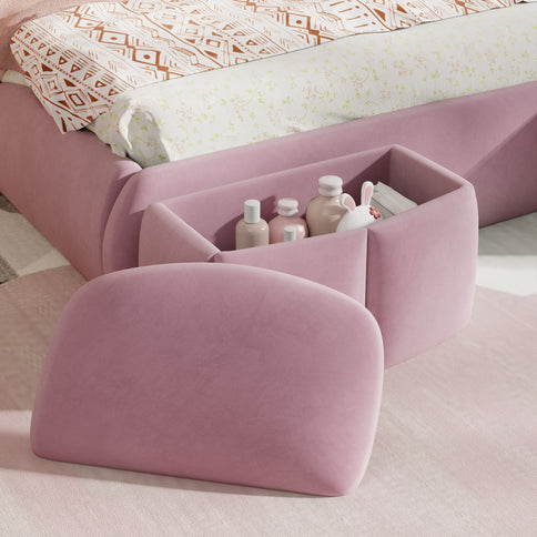 Full Upholstered Platform Bed With Cartoon Ears Headboard And LED Light - Pink