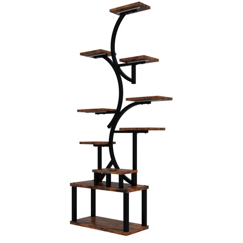 S - Shaped, 10 Tier Plant Stand With 5 Grow Lights - Deep Rustic Brown