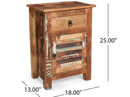Recycled Wood Side Table With Drawer And Door - Natural