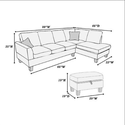 Sectional Sofa With Storage Ottoman And Pillows
