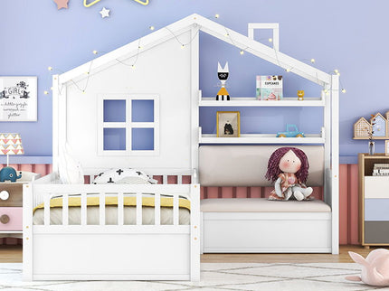House Bed With Sofa, Kids Platform Bed With 2 Drawers And Storage Shelf