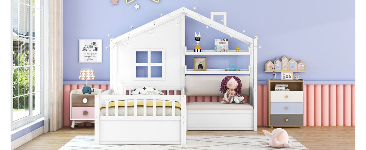 House Bed With Sofa, Kids Platform Bed With 2 Drawers And Storage Shelf