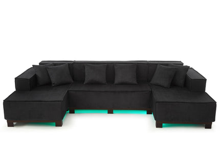 U-Shaped Sectional Sofa With RGB LED Light Strip And 6 Pillows