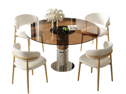 Round Dining Table With Tempered Glass Top - Brown