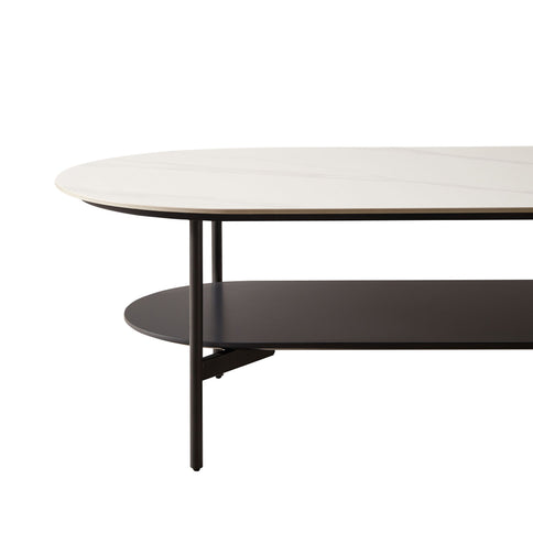 Contemporary Coffee Table Sintered Stone Surface With Ceramic Finish Double Layer Design Base Matte Shelf Modern Living Room Center Table - White / Gray