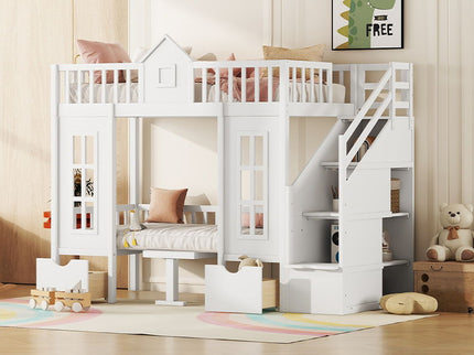 Twin Over Twin Bunk Bed With Changeable Table, Bunk Bed Turn Into Upper Bed And Down Desk
