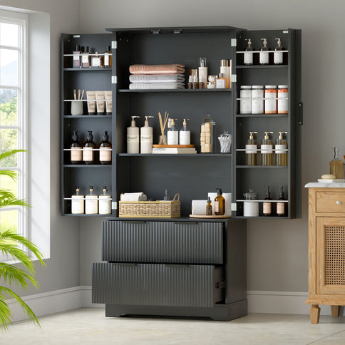 Fluted Kitchen Pantry Cabinet With 2 Large Drawers & 8 Door Spice Rack Freestanding Storage Organizer - Black