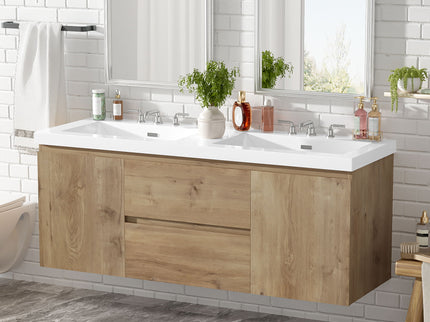 Double Sink Bathroom Vanity, Cabinet & Soft Close Doors, Divided Drawers, Wall Mounted Storage - Wood