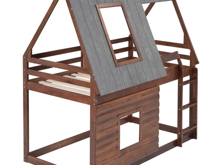 Wood Twin Size House Bunk Bed With Roof, Ladder And 2 Windows - Oak & Smoky Gray