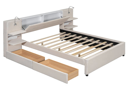 Upholstered Platform Bed With Reading Lights, Drawers, Trundle And Shelves