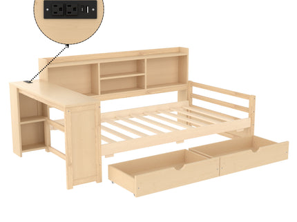 Corner Daybed With Storage Drawers, Desk, Charging Port & Bookcase