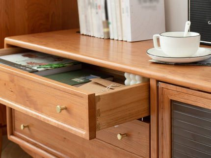 TV Cabinet With Chinese Changhong Glass Doors, Two Drawer Storage Space TV Standing - Cherry