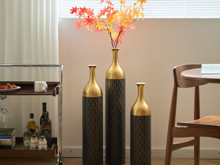 Elegant Floor Vase Set Metal Decorative Vases 3 Piece Set For Floral Display, Wedding & Gift Decor - Gold / Black