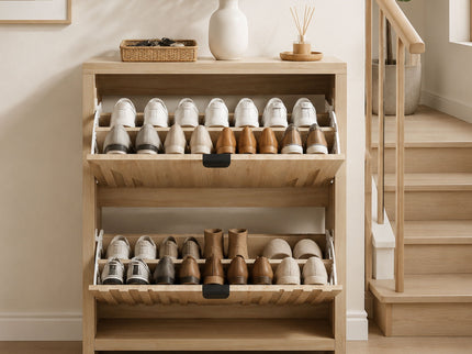 Entryway Shoe Cabinet With Vertical Carved Panels - Oak