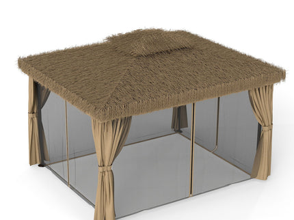 Outdoor Patio Gazebo With Double Canopy, Mosquito Net & Privacy Curtain - Brown