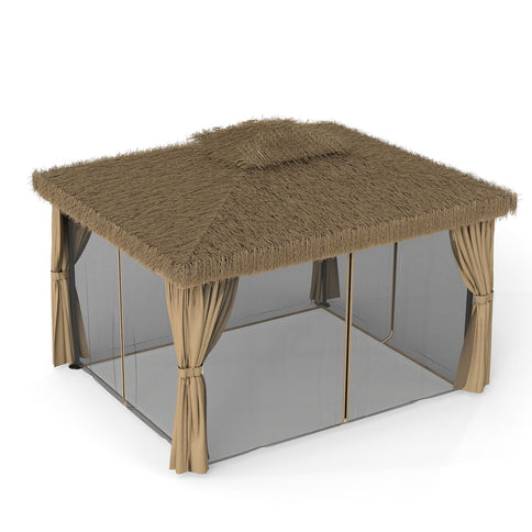 Outdoor Patio Gazebo With Double Canopy, Mosquito Net & Privacy Curtain - Brown