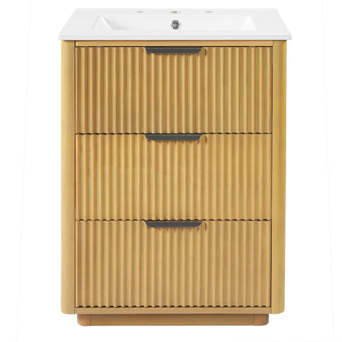 Bathroom Vanity With Sink, Open Shelf & Closed Storage - Natural Wood
