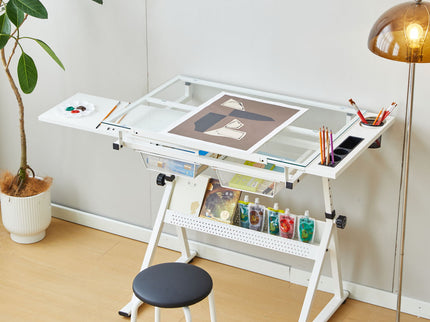 Adjustable Tempered Glass Drafting Printing Table With Chair