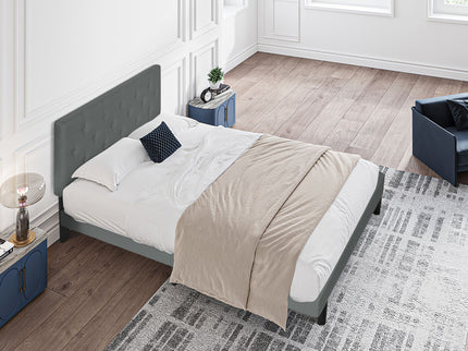 Modern Upholstered Platform Bed Frame With Button Tufted Fabric Headboard