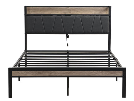 Modern Bed Frame With LED Lights, Upholstered Headboard, USB Charging