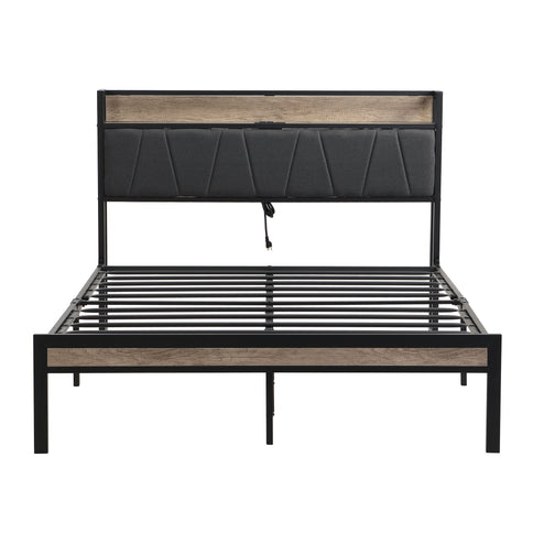Modern Bed Frame With LED Lights, Upholstered Headboard, USB Charging