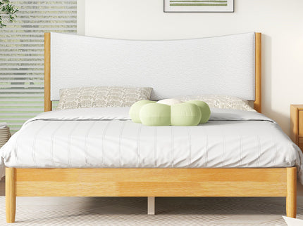 Queen Size Rubber Wooden, Solid Wooden Bed With Teddy Velvet Cushion Upholstered Headboard, Enhanced By Support Feet - Natural