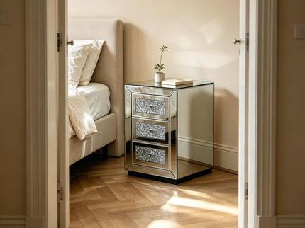 3 Drawer Nightstand With Glass Accents, Bedside Table For Bedroom - Silver