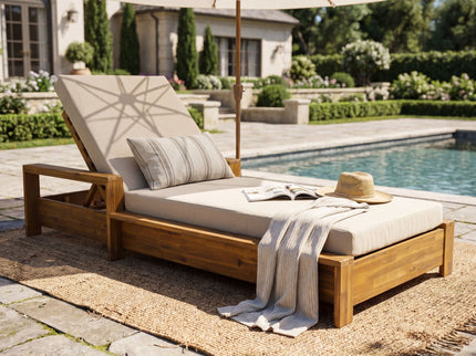 Chaise Lounge Set With 3 Position Adjustable Backrest, 2 Fold Cushion, Outdoor Recliner For Patio - Cream / Teak