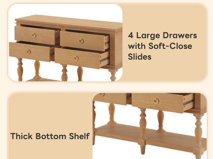 Console Table With 4 Soft Close Drawers, Thick Bottom Shelf For Living Room - Natural