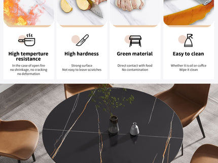 Round Modern Artificial Stone Carbon Steel Base Dining Table, Can Accommodate 6 People - Black