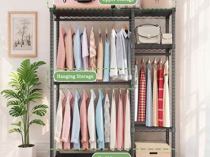 Freestanding Clothes Rack, With 6 Adjustable Wire Shelves And 3 Garment Rails - Black