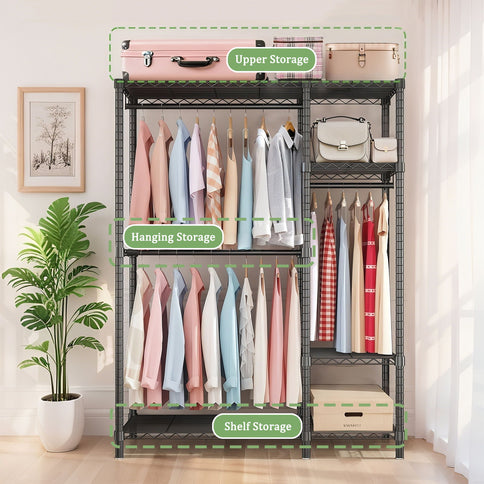 Freestanding Clothes Rack, With 6 Adjustable Wire Shelves And 3 Garment Rails - Black