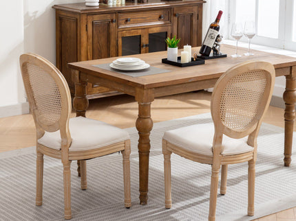 French Style Solid Wood Frame Antique Painting Fabric Rattan Back Dining Chair (Set of 2)