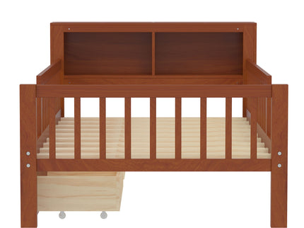 Bed With Headboard Storage Rack, 2 Under Bed Drawers, 3 Side Guardrails For Safety