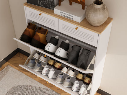 Modern Freestanding Shoe Cabinet With Flip Up Doors And Drawers, Compact Design For Entryway - White Natural