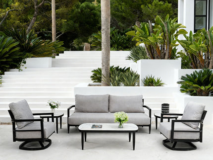 Outdoor Conversation Set With Chairs, Bench Sofa, Tables, Sunbrella Cushions