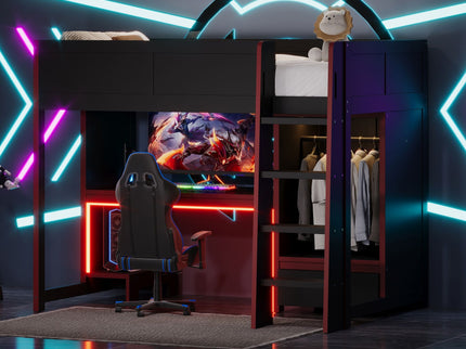 Gaming Loft Bed With Built In Desk, Wardrobe, LED Lighting And Drawer