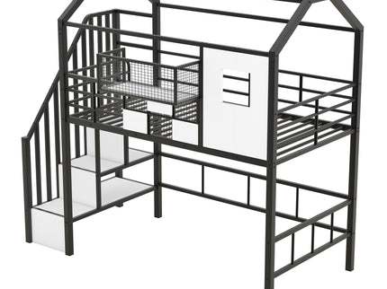 Metal Loft Bed With Roof Design And Storage Box With Guardrails And Integrated Ladder
