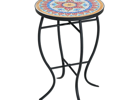 Outdoor Round Side Table With Mosaic Style Top And Curved Iron Legs