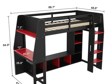 Gaming Loft Bed With Desk, Multi Storage Shelves, LED Lighting, And Hanging Clothes Rack