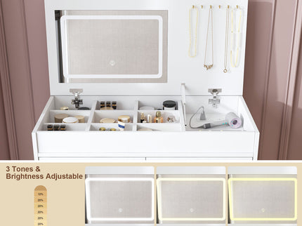 Flip Top Vanity Desk With LED Mirror & Outlet Makeup Table With 2 Drawers, Open Storage, And Jewelry Hooks - White