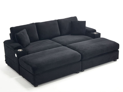 Convertible Sectional Sofa Bed Set With Armrest Storage, Cup Holder, USB - Black