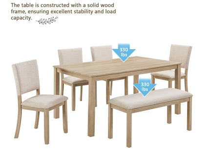 6 Piece Dining Table Set With Bench - Beige / Light Oak
