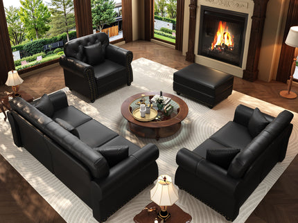 Upholstered Sofa With Nailhead Trim, Rolled Armrests With Ottoman